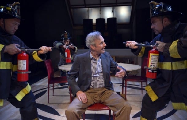 Theater Review: 'The Arsonists' at Aurora, Berkeley Firefighters (l-r, Michael Uy Kelly, Tristan Cunningham*, Kevin Clarke) surround Mr. Biedermann (c, Dan Hiatt) in his home