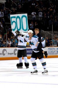 Celebrating his 500th career goal at HP Pavilion sharks_coyotes27