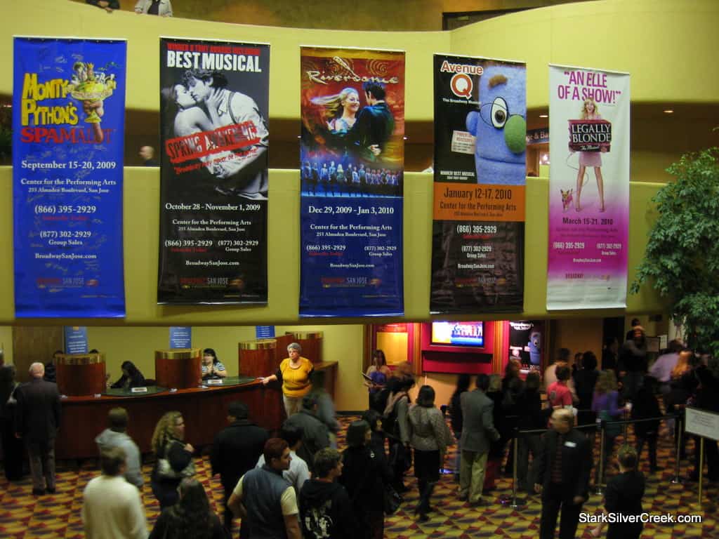 Posters in lobby of upcoming shows for Broadway San Jose.