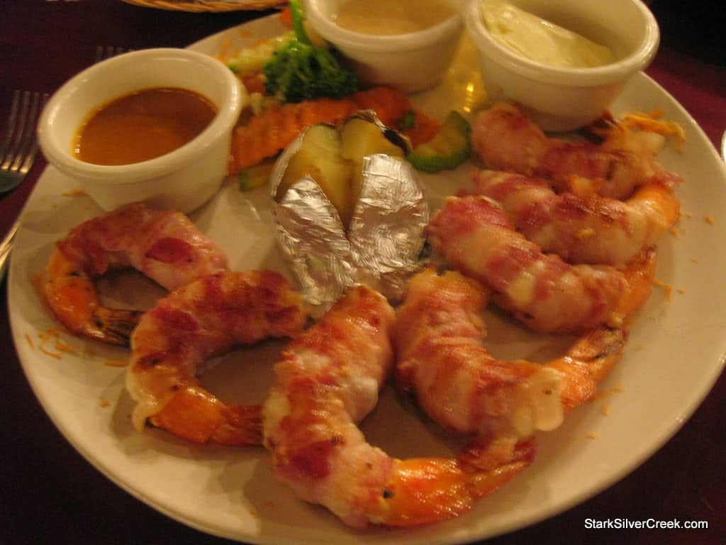 Shrimp creation by the chef Juan at Mita Gourmet. This large shrimps are stuffed with cheese and wrapped in bacon. They were absolutely delicious and enhanced by the three dipping sauces.