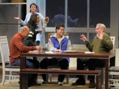 Daniel (Michael Santo), Jen (Tiffany Ellen Solano), Sonia (Ivonne Coll), Zak (Miles Gaston Villanueva) and Sam (Julian López-Morillas) enjoy pasteles and coffee in San Jose Repertory Theatre’s production of Sonia Flew. Photo: Kevin Berne