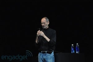 Steve Jobs plays a game on the iPhone 4 utilizing the new gyroscope. Image: Engadget.