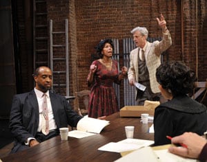 Al Manners (c. r, Tim Kniffin*) directs Wiletta Mayer (c. l,Margo Hall*) in front of cast and crew (l, Melissa Quine, Rhonnie Washington*, r. front-back Patrick Russell*, Elizabeth Carter*, Jon Gentry*) in Trouble in Mind Photo by David Allen