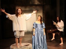 Maggie Mason playing Nell Gwynne, Natacha Roi playing Aphra Behn, and Ben Huber playing King Charles II in Or, at Magic Theatre. Written by Liz Duffy Adams, directed by Loretta Greco. Photo by Jennifer Reiley.
