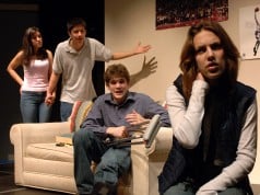 (l to r) Amalia Mesa-Gustin, Kim Fischer, Spencer Fortin and Hallie Sekoff perform in Lauren Yee’s script, Joey Buttafuoco Eats a Pastrami Sandwich, one of two winners in the annual Teen One-Acts Festival. Photographer: Kevin Berne