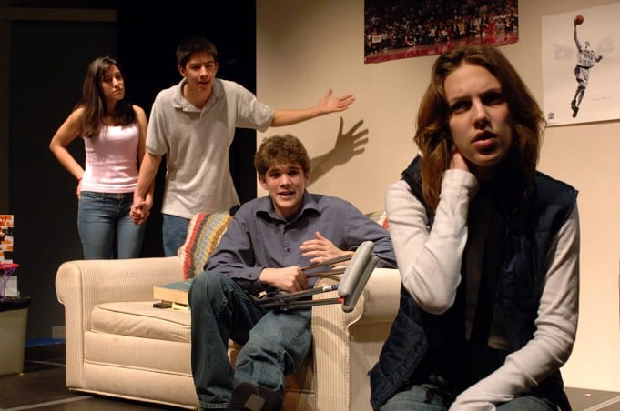 (l to r) Amalia Mesa-Gustin, Kim Fischer, Spencer Fortin and Hallie Sekoff perform in Lauren Yee’s script, Joey Buttafuoco Eats a Pastrami Sandwich, one of two winners in the annual Teen One-Acts Festival. Photographer: Kevin Berne