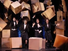 Stephen Bent as Zossima, Paul Magid as Dimitri, Roderick Kimball as Pavel, and Mark Ettinger as Alexei in The Flying Karamazov Brothers' production of 4Play at San Jose Repertory Theatre.