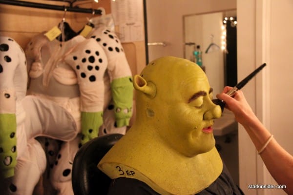 Shrek the Musical, Eric Petersen, Orpheum Theatre San Francisco The transformation involves paint, makeup, various fittings, a fat suit, and lots of skill! Total time to Shrek = 2 hours.