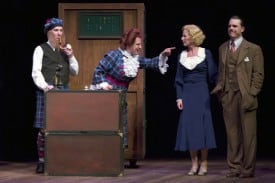 Mr. and Mrs. McGarrigle (Dan Hiatt, Cassidy Brown), Pamela (Rebecca Dines), and Richard Hannay (Mark Anderson Phillips) in the uproarious Hitchcockian spoof, THE 39 STEPS at TheatreWorks.