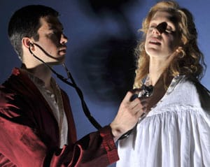John (Thomas Gorrebeeck*) listens to Alma's (Beth Wilmurt) heart in The Eccentricities of a Nightingale.
