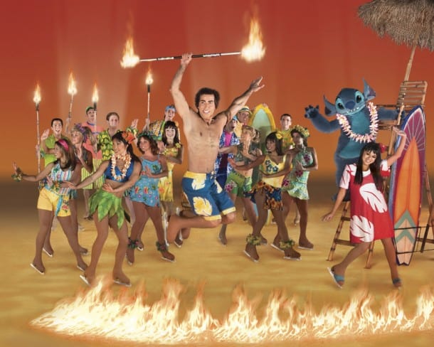 Lilo (bottom right) and Stitch (right back) celebrate a  Hawiian luau with David (jumping, center)
