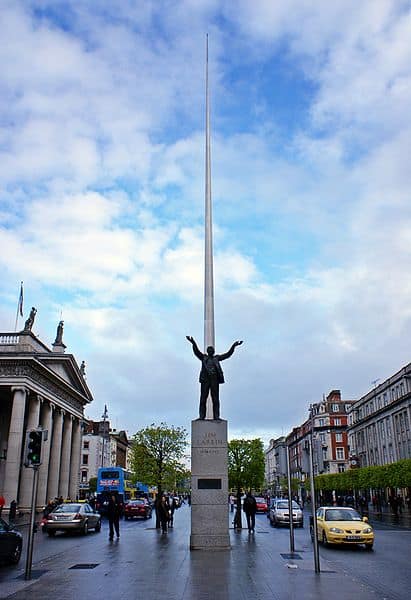 The Spire of Dublin rises behind the statue of Jim Larkin.