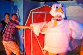 Emory (Charlie Cromer, middle) does a dance routine with his chicken friend Linda (Sarah Coykendall) as the narrator (Cindy Im) looks on in MilkMilkLemonade, a warped tale of innocence lost at Impact Theatre Emory (Charlie Cromer, middle) does a dance routine with his chicken friend Linda (Sarah Coykendall) as the narrator (Cindy Im) looks on in MilkMilkLemonade, a warped tale of innocence lost at Impact Theatre