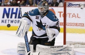 A familiar sight - It was Niemi against a blue and green storm in Game 2. A familiar sight - It was Niemi against a blue and green storm in Game 2.
