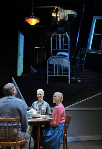 Gregor (top, Alexander Crowther) remains alone in his room, uninvited to dinner with Father, Mother, and Grete (seated l-r, Allen McKelvey,* Madeline H.D. Brown, Megan Trout), in Metamorphosis Gregor (top, Alexander Crowther) remains alone in his room, uninvited to dinner with Father, Mother, and Grete (seated l-r, Allen McKelvey,* Madeline H.D. Brown, Megan Trout), in Metamorphosis