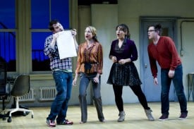 Hunter (Jamison Stern) Susan (Laura Jordan), Heidi (Farah Alvin), and Jeff (Ian Leonard) prepare their submission to the New York Musical Theatre Festival in the regional premiere of [title of show] at TheatreWorks.