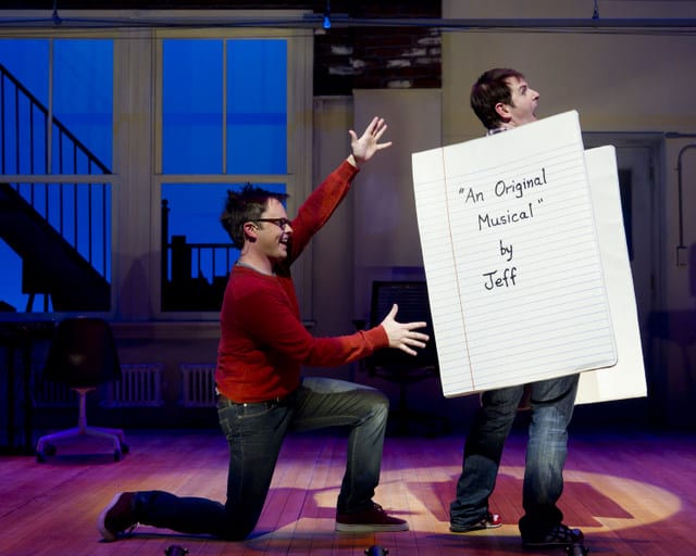 Jeff (Ian Leonard) envisions his masterpiece on a Blank Page (Jamison Stern) in the regional premiere of [title of show] at TheatreWorks.