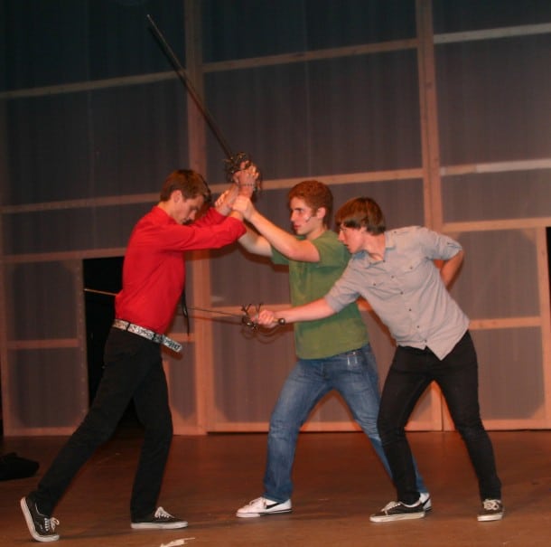 Mercutio, Romeo and Tybalt Mercutio (Taylor Barnes), Romeo (John Kellett), and Tybalt (Matt Cummings)
