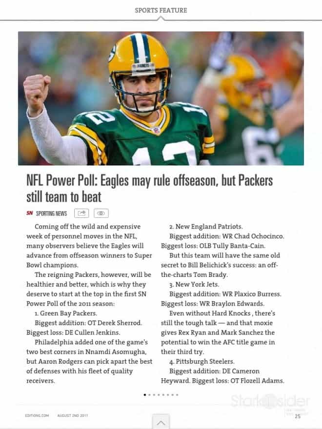 Articles from AOL-owned media source, such as this one on the Packers from Sporting News, are embedded, while others (BusinessWeek, MSNBC, Bloomberg, etc.) point to web pages.