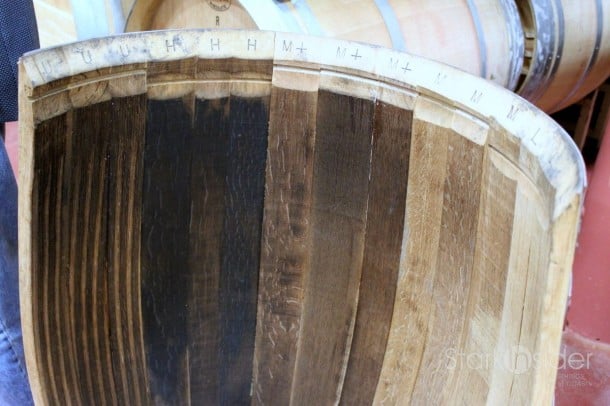 Barrel selection is an important decision in the winemaking process. Here, you can see the different levels, from dark to light.