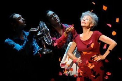 Legendary actress Rita Moreno performs with Salvatore Vassallo (left) and Ray Garcia during dress rehearsal for the world premiere of Rita Moreno: Life Without Makeup at Berkeley Rep.