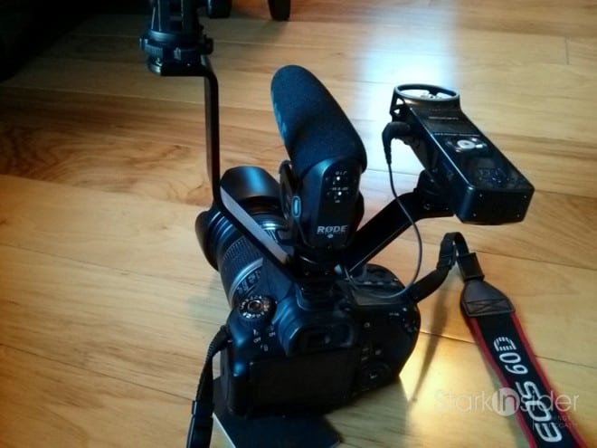 Triple Mount Hot Shoe: the more gadgets the better! (Canon EOS 60D with light panel, Rode Videomic Pro, and Zoom H1 recorder)