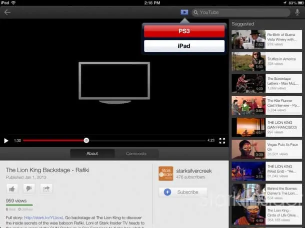 YouTube App on iPad Click the icon at top to select an active device. Dual screen streaming is not yet supported.