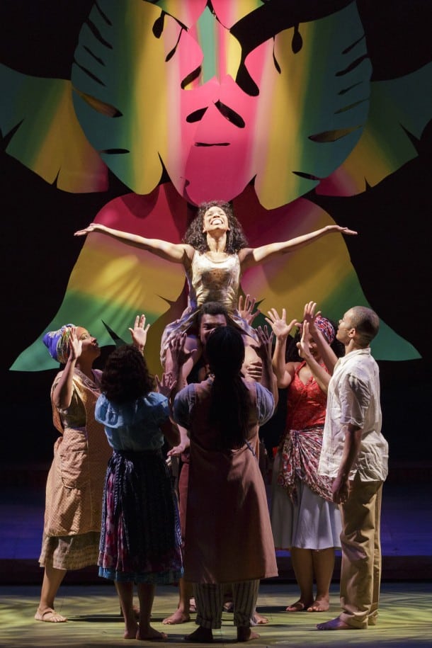 Once On This Island at TheatreWorks Silicon Valley Ti Moune (Salisha Thomas) is lifted by the cast of ONCE ON THIS ISLAND.