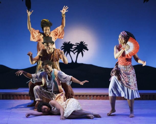 Once On This Island Review - TheatreWorks Clockwise, from bottom right: Ti Moune (Salisha Thomas), Agwe, God of Water (Omari Tau), Papa Ge, Demon of Death (Max Kumangai), Asaka, Mother of the Earth (Safiya Fredericks), and Erzulie, Goddess of Love (Adrienne Muller) in TheatreWorks' musical ONCE ON THIS ISLAND, playing March 5-30, 2014 at the Lucie Stern Theatre in Palo Alto
