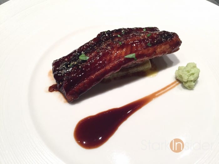 Grilled Anago with Foie Gras, Confit of Zucchini and Sanshou. I like the choice of anago, instead of unagi, which has a much more delicate flesh. While I liked the textures of this dish, I found the actual sauce to be too salty and overpowering. This is disappointing as seared foie gras is a favorite of fine and I could see how it would just be heavenly with a nice juicy piece of anago. The zucchini provided some reprieve from the rich sauce - but it was such a small piece that it was not match for the salt monsters. Perhaps Chef Tetsuya was trying to explore umami in this dish and overshot.