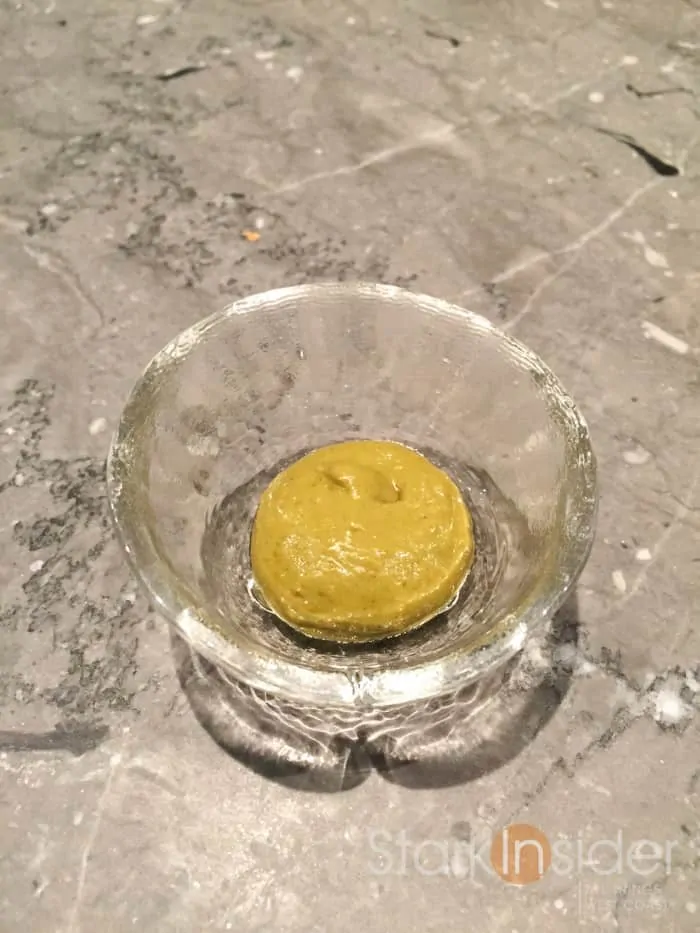 Chef Tetsuya's Wasabi Mustard. This slightly green mustard was presented as the perfect pairing for the next dish of Tasmanian beef. The story is that Tetsuya could not find the perfect sauce to go with this dish so he created his own. Of course, if you want to take some of it home with you, it can also be purchased.