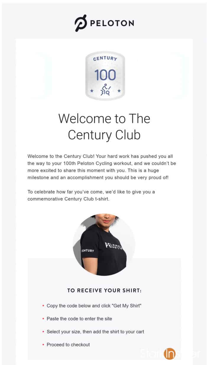 Peloton - Welcome to The Century Club email and shirt