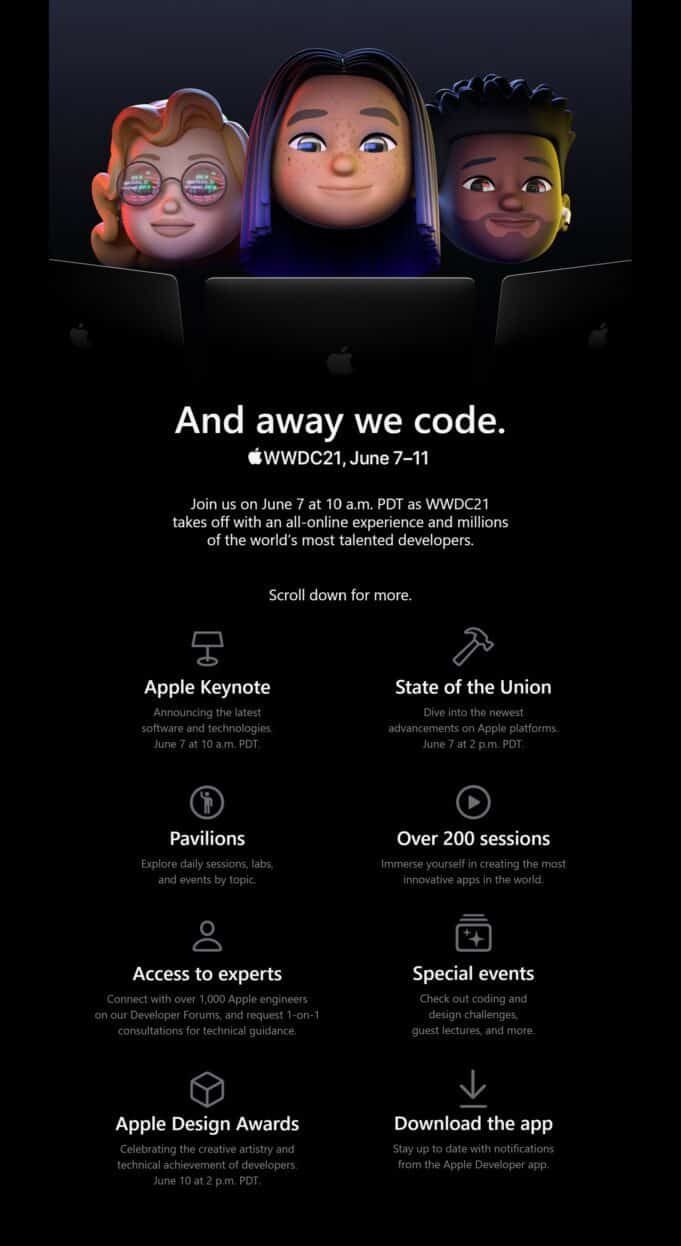 Apple WWDC 2021 - And away we code. - Schedule, all-online event