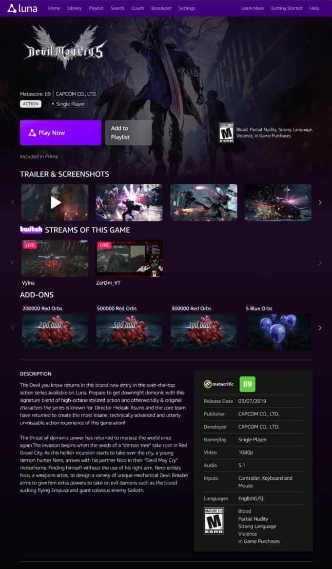 Devil May Cry 5 landing page on Amazon Luna cloud gaming service