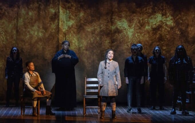 “Momma, Look Sharp” - (Left) Tiffani Barbour as ‘Andrew McNair’ and (center) Brooke Simpson as ‘The Courier’ and the National Tour Cast of 1776. Credit: Joan Marcus.