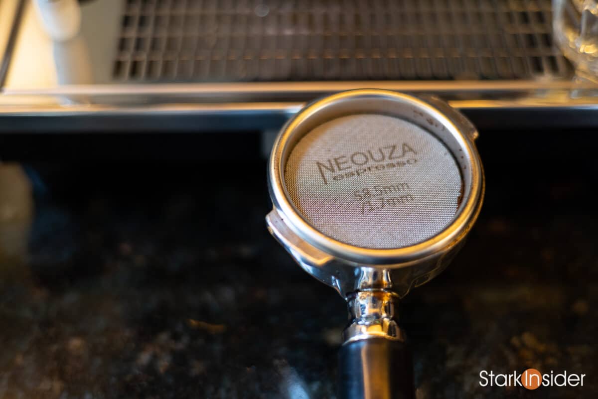 Espresso puck screen ready for an espresso shot on a semi automatic espresso machine