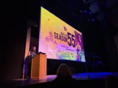 TheatreWorks Artistic Director Giovanna Sardelli announces Season 55 from the stage of Mountain View Center for the Performing Arts. Photo Credit: Jonathan Amores