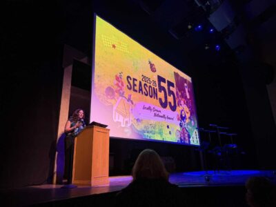 TheatreWorks Artistic Director Giovanna Sardelli announces Season 55 from the stage of Mountain View Center for the Performing Arts. Photo Credit: Jonathan Amores