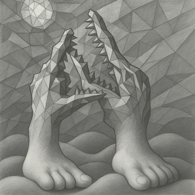 AI-generated drawing of crocodile-like jaws forming from geometric polygon hands with soft, rounded human toes at the base. The figures stand on undulating cloud-like surfaces under a polygonal sky and moon. Study from Loni Stark’s CrocodIle series.