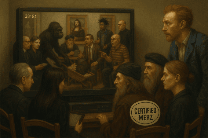 AI-generated tableau of classical and modern figures debating in a gallery-like space, with a gorilla, Jean-Michel Basquiat, and the Mona Lisa among them. The scene is being watched by others, including Van Gogh, in a recursive mise-en-abyme of art and spectatorship. A badge reads ‘CERTIFIED MERZ.’