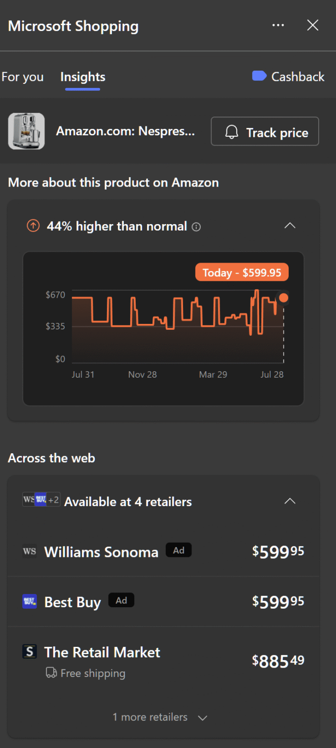 Copilot shopping insights for the Nespresso Creatista Plus
