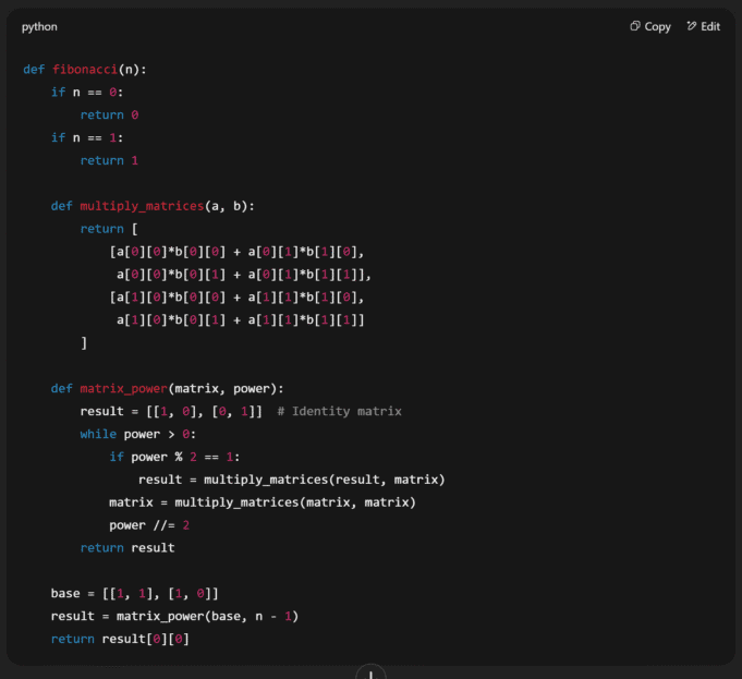 Python code for Fibonacci number generation using matrix exponentiation.