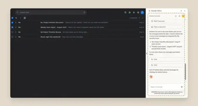 Screenshot of Anthropic’s Claude AI extension in Chrome managing Gmail messages as part of its research preview.