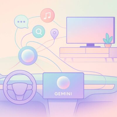 Pastel illustration of Google Gemini AI assistant connecting a car dashboard and a TV with floating icons for chat, music, maps, and search.