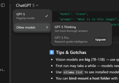 Screenshot of ChatGPT model menu showing GPT-5, GPT-5 Thinking, and GPT-5 Pro options.