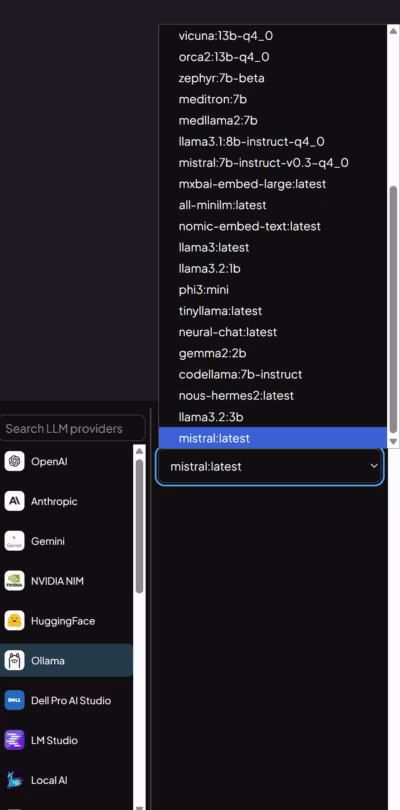 Dropdown in Open Web UI showing a long list of available LLMs (e.g. vicuna, orca2, mistral)