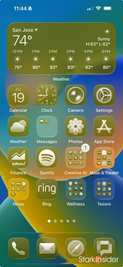 Apple iOS 26 home screen showing San Jose weather widget, 74°F, and apps.