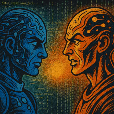 Abstract digital art of two AI figures, blue and orange, facing each other with glowing circuitry and faint Matrix-style code in the background.