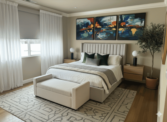 Modern bedroom with bed, bench, wall art, and natural light.