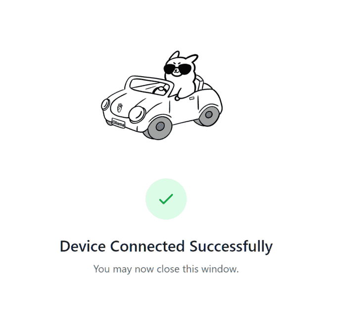 Ollama authentication success page showing their llama mascot wearing sunglasses in a convertible car, with green checkmark and text "Device Connected Successfully - You may now close this window"